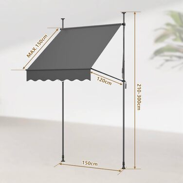 Тент з кріпленням на затискачі та ручним приводом, ширина 150 см, балконний тент з ручним регулюванням висоти без свердління, захист від ультрафіолету, сонцезахисний козирок, водонепроникний для використання на вулиці, для патіо, балкону, саду, антрацит