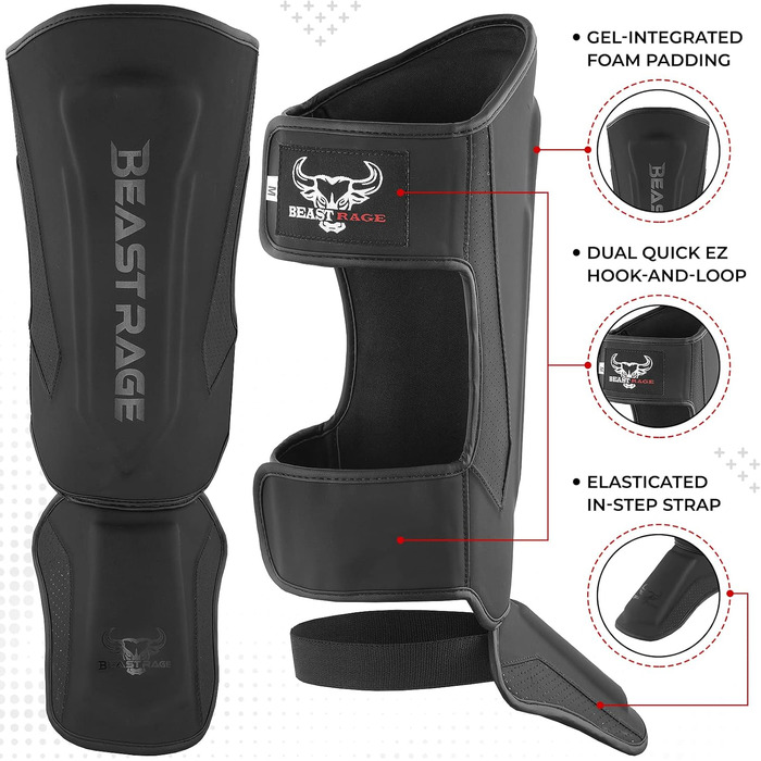 Щитки для гомілок BEAST RAGE для кікбоксингу, муай-тай, ММА, щитки для гомілок із захистом підйому стопи, спорядження для тренувань ММА, спарингу, бразильського джиу-джитсу, карате, боксу, тхеквондо, чорні, M