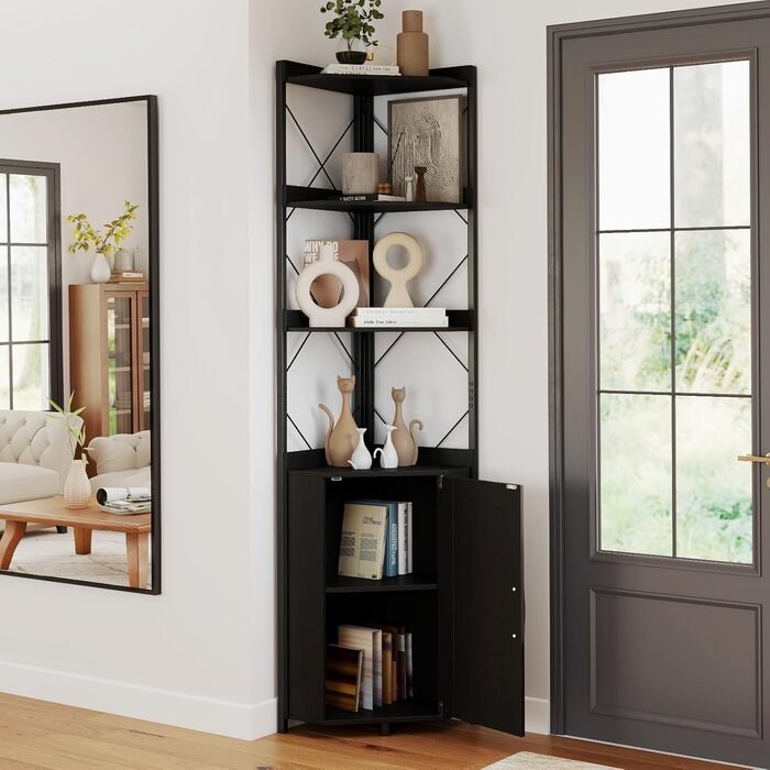 Кутова стелажна тумба GIANTEX з шафою та 6 полицями, кутова шафа заввишки 180 см з 5-ярусними регульованими полицями, окремостояча кутова вітрина з дверима, полиця для зберігання в індустріальному стилі (чорна)
