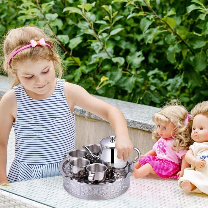 Дитячий набір для чаювання, 10,9 см, нержавіюча сталь, з довгим носиком, з чашками та підносом, розвиваючий ролевий набір для дошкільнят та початківців, для дитячого садка