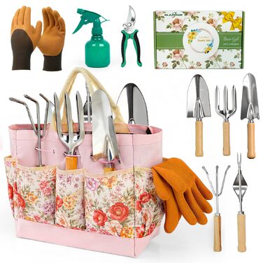 Набір садових інструментів Gartenwerk, 11 предметів, нержавіюча сталь секатор, рукавички, сумка для квітів, розпилювач, килимок для пересадки рослин інструменти для саду в рожевому кольорі