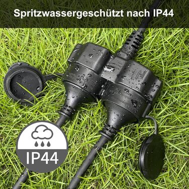 Зовнішній подовжувач 3 м з 2 розетками Schuko, гумовий кабель живлення з подвійним подовжувачем для вулиці IP44, 2 захисні контактні розетки із захисним ковпачком, 2-смуговий розподільник зовнішній, 3500 Вт, чорний 3М розподільник чорний