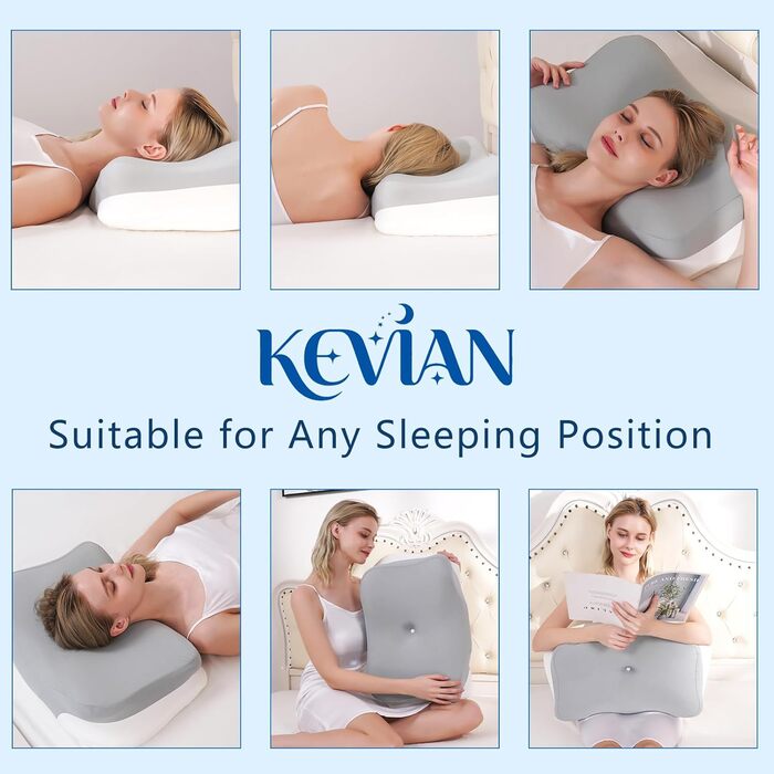 Подушка для шиї KEVIAN, ергономічної форми, охолоджувальна, без запаху, з високощільної піни з ефектом пам&39яті для сну на боці/спині/животі, з чохлом, який можна прати, 60x37x13/12 см