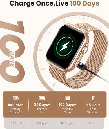 Жіночий смарт-годинник Sanorum з акумулятором 1000 мАг, фітнес-годинник AMOLED 1,85 дюйма з функцією телефону/водонепроникність 5 атм/120 спортивних режимів/пульс/SpO2/кров&39яний тиск, смарт-годинник для Android та iOS, рожеве золото