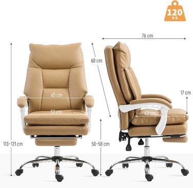 Офісний стілець HOMCOM Ергономічне робоче крісло з поперековою опорою, складні підлокітники, підставка для ніг, регульоване по висоті поворотне крісло з функцією відкидання, штучна шкіра, м&39яке комп&39ютерне крісло, світло-коричневий