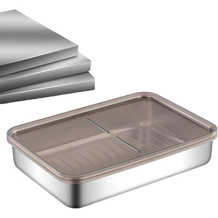 Контейнер для зберігання бекону з нержавіючої сталі піддон, коробка для збереження м'яса Рішення для зберігання жиру, підставка з піднятим дном, кухонний контейнер для зберігання бекону в домашніх умовах, набір 2 (19.5*14*4 см)