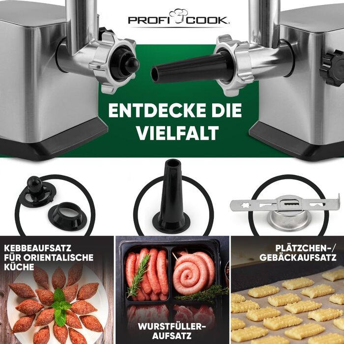 Електрична м'ясорубка ProfiCook 1200 Вт з насадками для печива та ковбас, 3 металеві диски, реверс, металевий шнек та горловина, PC-FW 1272