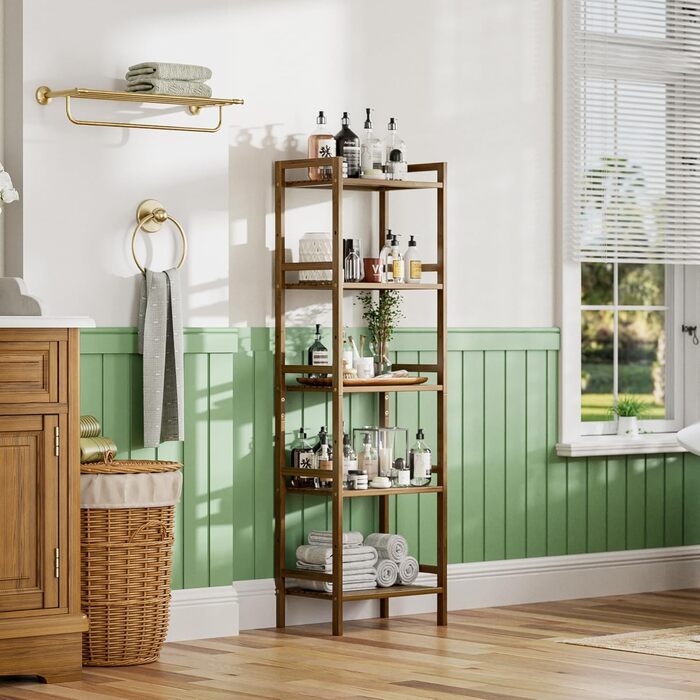 Бамбукова полиця для ванної кімнати HITNET, 5-рівнева книжкова полиця, полиця для ванної кімнати, окремостояча вузька висока полиця з регульованими полицями, компактна полиця для зберігання речей для домашнього офісу, горіх