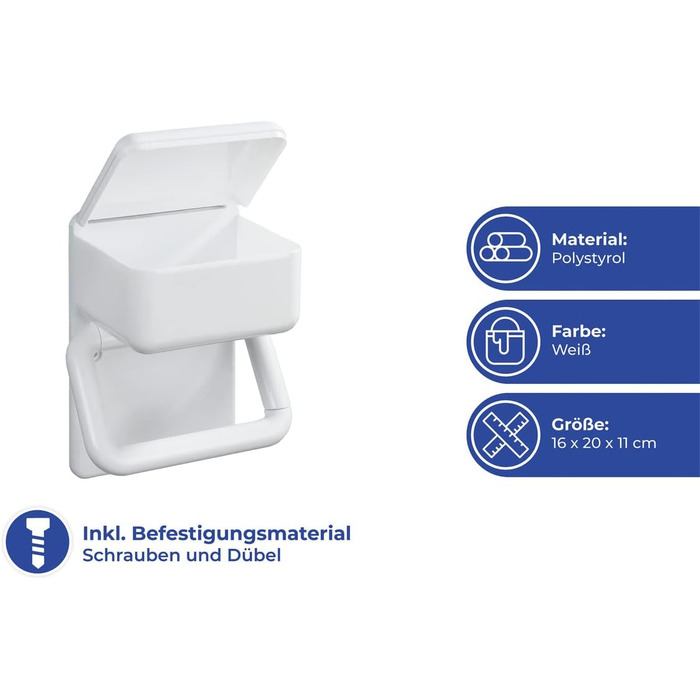 Тримач туалетного паперу Maximex 2 в 1 з поличкою, пластиковий, у комплекті з кріпильним матеріалом, 16 x 20 x 11 см