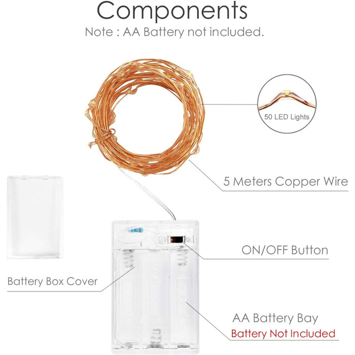 Світлодіодна батарея казкових вогнів 4 шт. и, казкові вогні для приміщення, 5м 50 шт. Мікро світлодіодні казкові вогні дріт критий