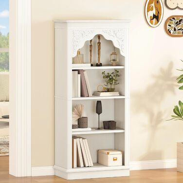 Рівнева вінтажна книжкова полиця з різьбленим дизайном, відкрите сховище для вітрин - ідеально підходить для вітальні, спальні, кабінету та офісу, біла, 140 см, 4-