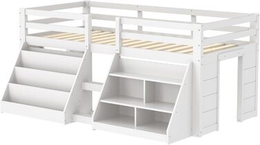 Дитяче ліжко середнього класу 90x200 зі світлодіодним освітленням, односпальне ліжко зі сходами та шафою для зберігання, ліжко з місцем для зберігання, дерев&39яне ліжко, функціональне ліжко, дитяче ліжко із захистом від падіння та рейковим каркасом, біле