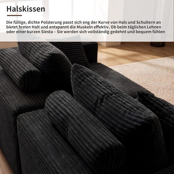 Кутовий диван з 3 подушками для шиї, диван Cloud Boneless з боковим відділенням та підсклянником, вельветовий L-подібний розкладний диван, глибоке сидіння, диван з правим шезлонгом, для вітальні, чорний Нековзка основа