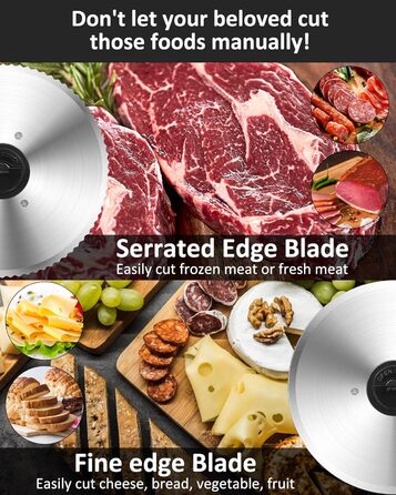 Електричний нарізувач їжі потужністю 200 Вт з нержавіючої сталі - регульований кухонний комбайн від 0 до 15 мм - 2 леза - Слайсер для ковбаси - Нарізка для хліба, Шинка, електричний ніж М'ясо та сир 2 леза срібло 200 Вт Потужність