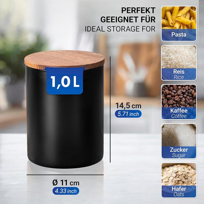 Контейнер для зберігання WENKO Mio, 1,0 л, круглий контейнер з боросилікатного скла з кришкою з акацієвого дерева, герметичне ущільнення завдяки силіконовому кільцю, Ø 11 x 14,5 см, чорний