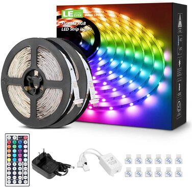 Світлодіодна стрічка LE, 10 м (2x5 м) світлодіодна стрічка RGB, світлодіодні стрічки 5050 SMD, світлодіодний ліхтар із 44 клавішами дистанційного керування, регульована яскравість Смуга для зміни кольору RGB для дому, Різдва, телевізора