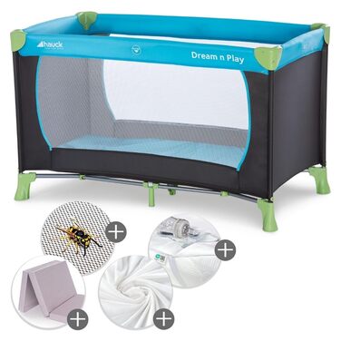 Дитяче ліжечко Hauck Dream N Play XXL з матрацом, сіткою від комах, підстилкою та простирадлом на ремені - Складане дитяче ліжечко з сумкою - Водяний блакитний