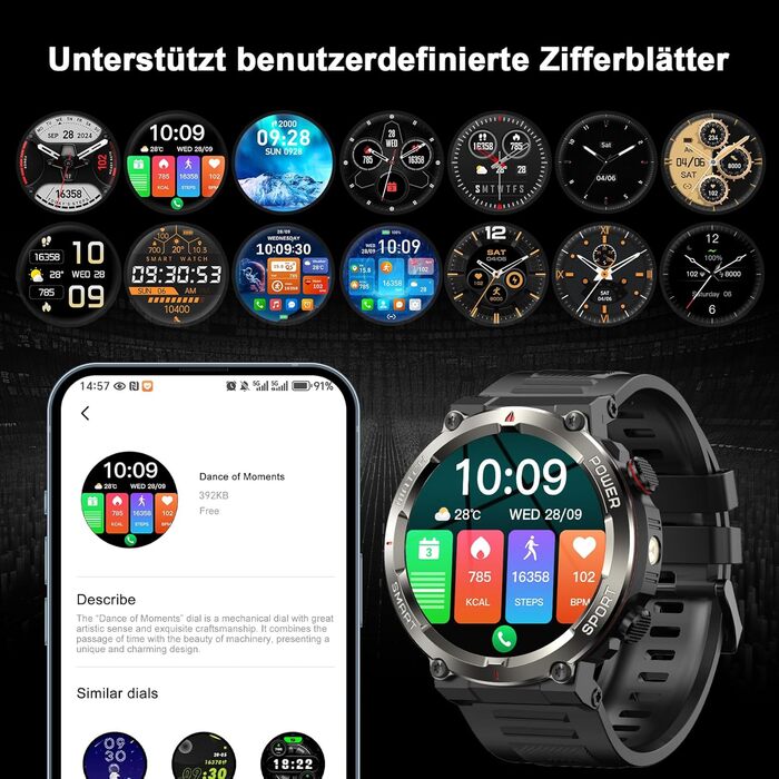 Розумний годинник IOWODO для чоловіків 100 днів роботи від батареї та підсвічування Bluetooth-дзвінки Водонепроникність IP68 та компас Сенсорний екран 1,45 дюйма Понад 100 спортивних режимів Аналіз серцевого ритму та сну Для Android/iOS, чорний