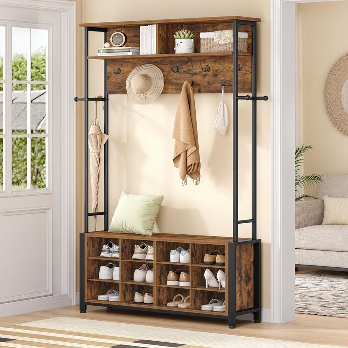 Вішалка для одягу Hzuaneri з лавкою для взуття, шафа з 13 гачками, 14 відкритими відділеннями, регульовані полиці, вішалка для одягу для коридору, вхідної зони, 31 x 108 x 187 см, вінтажний коричнево-чорний HT17901B