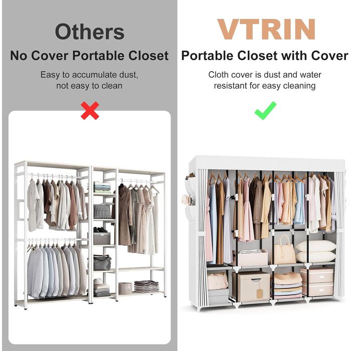 Портативна шафа для одягу VTRIN, ширина 170 см, велика місткість, портативна шафа з кришкою, 4 полиці та 4 вішалки для одягу, міцна, окремостояча шафа для білого/розкішного саду