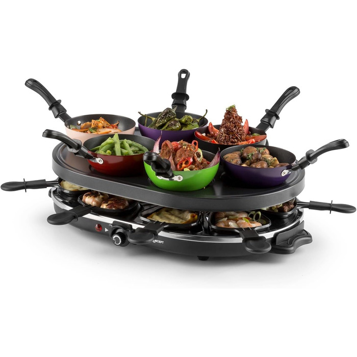 Раклетний гриль, настільний гриль, гриль для вечірок, потужність 1200 Вт, плавне регулювання температури, в т.ч. 8 сковорідок і дерев'яна лопатка, антипригарне покриття, чорний