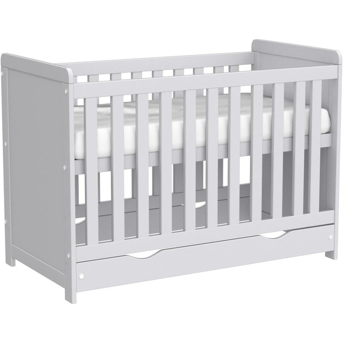 Дитяче ліжко Love For Sleep 120x60 см, біле, з шухлядою та захистом від падіння дерев&39яне ліжечко, 3-позиційна регульована висота рейкова основа, що трансформується в ліжечко для малюків, захисний бар&39єр у комплекті