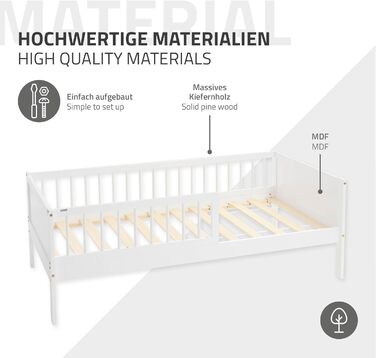 Дитяче ліжко ML-Design 80x160 см, біле, односпальне ліжко для дітей з рейковою основою та захисними поручнями, дитяче ліжко з сосни, дерев&39яне ліжко, каркас ліжка для хлопчиків та дівчаток, дитяче ліжечко з масиву дерева, ліжечко для малюків 80 x 160 см