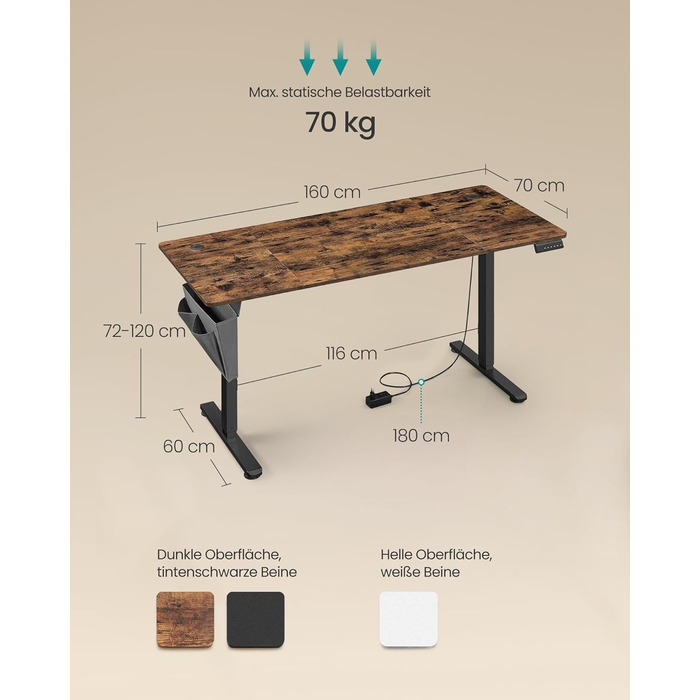 Електричний письмовий стіл SONGMICS з регульованою висотою, 160 x 70 см, безступінчасте регулювання, функція пам&39яті з 4 рівнями висоти, вінтажний коричневий LSD136K01 160 x 70 см вінтажний коричневий