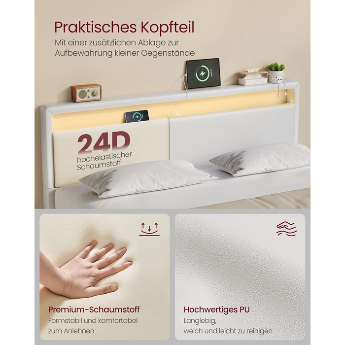 Каркас ліжка VASAGLE, каркас двоспального ліжка, 140 x 200 см, візуальний ефект плаваючого ліжка, ліжко зі світлодіодним освітленням, високе узголів&39я, зарядна станція, сучасний, хмарно-білий RMB864W01