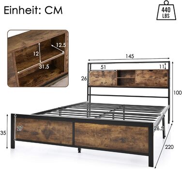 Металеве двоспальне ліжко HYUB 140 x 200 см з узголів&39ям для зберігання речей, ліжко з рейковою основою та металевим каркасом, дитяче ліжко з великим місцем для зберігання речей під ліжком, для спальні/гостьової кімнати 140x200 см - матрац не входить до