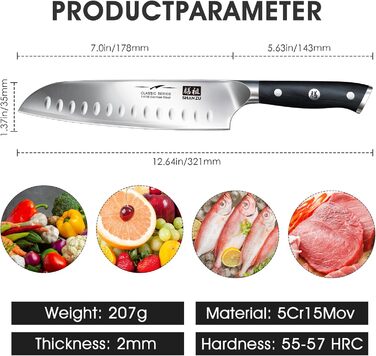 Ніж шеф-кухаря Кухонний ніж, ніж шеф-кухаря Santoku німецький вуглецевий нержавіюча сталь гострий ніж лезо 18 см ергономічна ручка