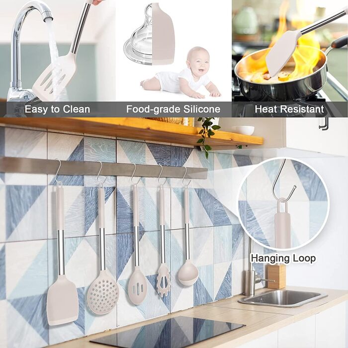 Набір силіконового кухонного посуду 15 шт., Термостійкий набір посуду з високоякісними ручками з нержавіючої сталі для приготуванн