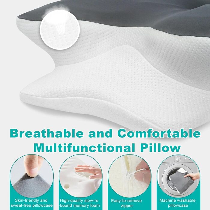 Подушка з піни з ефектом пам&39яті, подушка для підтримки шиї, подушка для шиї, подушка для голови від болю в шиї, ортопедична подушка, ергономічна подушка для сну на боці, спині та животі 63 x 42,5 x 13,8/9 см (1 упаковка)