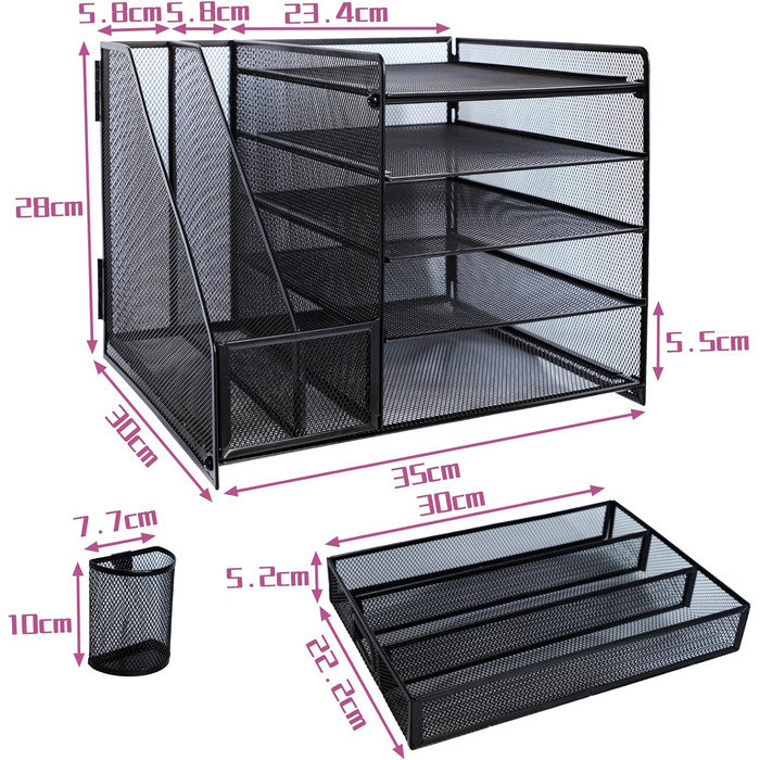 Металевий настільний органайзер, 5-ярусний лоток для паперу та листів з тримачами для файлів, сітчастий настільний органайзер для файлів з тримачем для журналів для зберігання офісних документів (чорний)