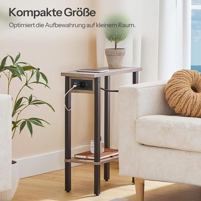 Вузький 2-ярусний бічний столик HOOBRO, диван-столик із зарядною станцією, тумбочка з полицею, журнальний столик, для невеликих приміщень, вітальні, спальні, кабінету, сіро-чорний EBG240CBZ01 сіро-чорний 1