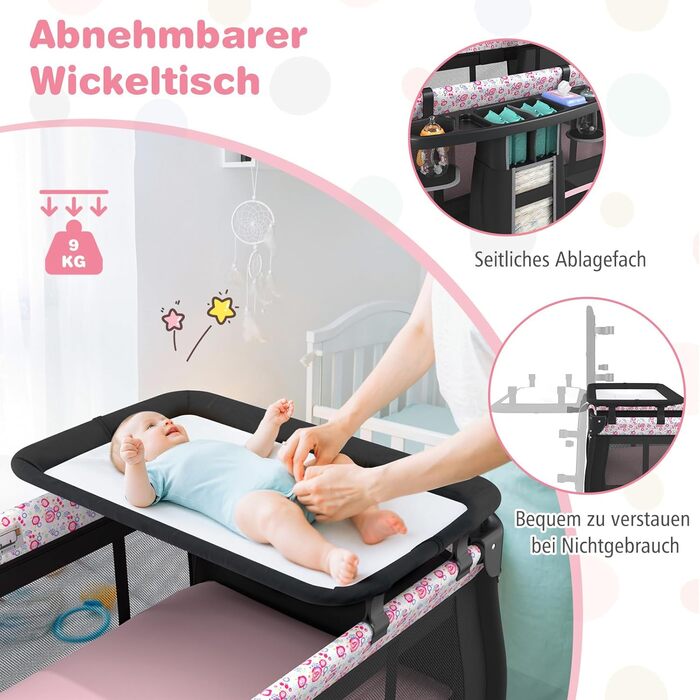 Дорожнє ліжечко COSTWAY 5 в 1 з матрацом, складне приліжкове ліжечко з регульованим балдахіном, дитяче ліжечко з пеленальний килимок, музичний мобіль та сумка для перенесення, дитяче дорожнє ліжечко до 15 кг (рожеві квіти)