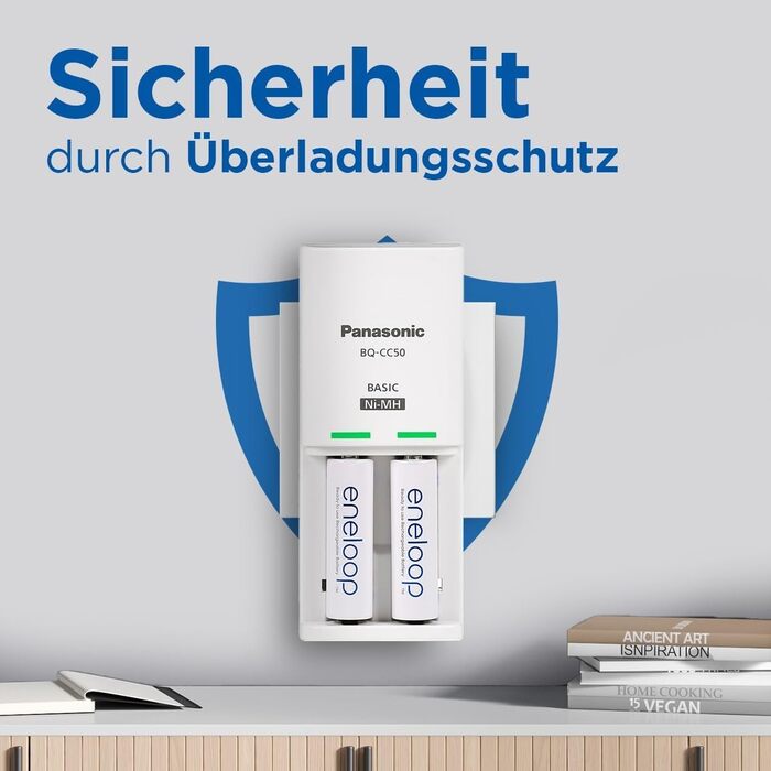 Компактний зарядний пристрій eneloop, для 1-2 нікель-металгідридних акумуляторів типу AA/AAA, час заряджання 10 годин, 9 функцій безпеки, включаючи 2 акумулятори eneloop типу AA (2000 мАг), зарядний пристрій з 2 акумуляторами eneloop типу AA