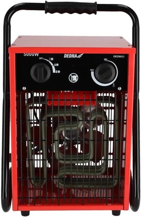 Електричний вентилятор-обігрівач DEDRA 5 кВт, 400 В, квадратний, червоний, для добре ізольованих приміщень, термостат, захист від перегріву, три режими роботи, контроль температури, металевий корпус, до 50 м Потужність 5000 Вт, площа обігріву 50 м