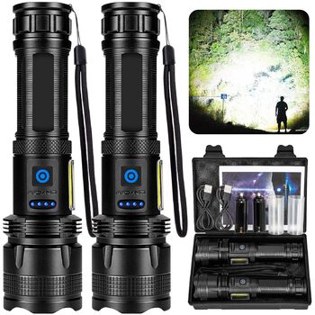 Акумуляторний світлодіодний ліхтарик, 2 шт., надзвичайно яскравий ліхтарик 100 000 люмен із 7 режимами світла та водонепроникністю IPX7, тактичні ліхтарики для кемпінгу, походів, чорний