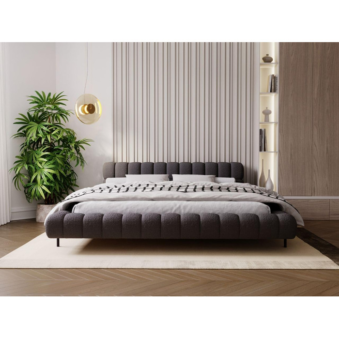 Уявіть собі ліжко 180x200, М&39яке ліжко без місця для зберігання, М&39яке ліжко з металевими ніжками, Тканина букле, з рейковою основою, з узголів&39ям, без матраца (Чорний, 180x200) Чорний 180x200