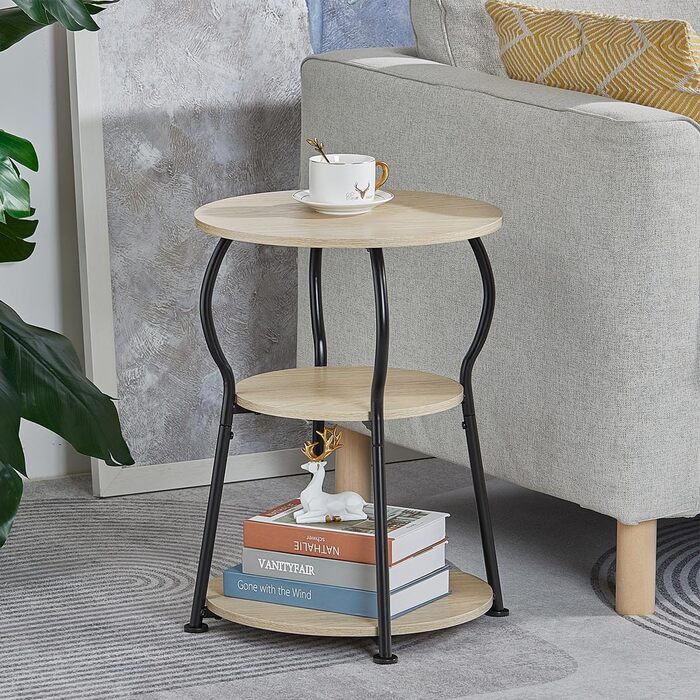 Круглий журнальний столик, 3-ярусний вінтажний журнальний столик, невеликий з міцним металевим каркасом, тумбочка біля ліжка, невеликий круглий диванний столик для вітальні, спальні, балкону, 40 x 40 x 55 см (дуб).