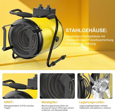 Промисловий обігрівач з вентилятором потужністю 5000 Вт для великих приміщень з термостатом та 3 режимами нагріву, будівельний обігрівач, сушарка для будівель, вентилятор з портативною ручкою для гаража, будівельного майданчика