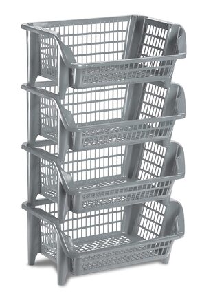 Стелаж Kreher, що складається з чотирьох штабельованих пластикових кошиків сірого кольору. Штабельується та вкладається. Можна розширювати за бажанням.