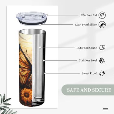 Кухоль з прямою трубочкою, 590 мл, помаранчевий/жовтий, поле метеликів, квіти, дорожній кухоль з принтом, підходить для кемпінгу, офісу та дому