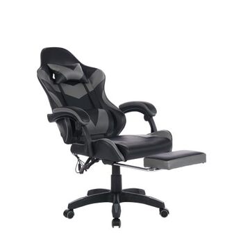 Геймерське крісло з функцією масажу та підставкою для ніг - Ергономічне офісне крісло, вантажопідйомність 150 кг, підтримка голови та попереку, регулювання висоти, поворот на 360, гоночний дизайн чорний/сірий, 116,5 x 52,0 x 64,5 см