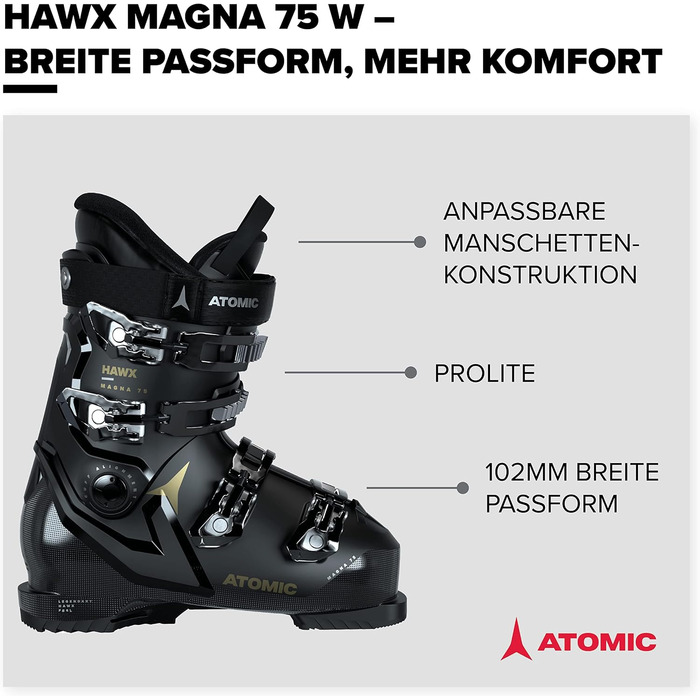 Жіночі гірськолижні черевики ATOMIC HAWX Magna 75W Розмір 27/27.5 Чорний/Золотий Ширина колодки 102 мм Конструкція Prolite Memory Fit для ідеальної посадки