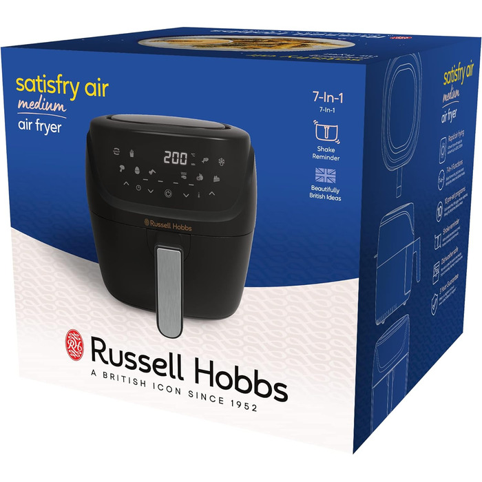 Аерофритюрниця Russell Hobbs L 4l дуже маленький корпус7 функцій приготування10 програм AirFryer (можна мити в посудомийній машині, макс. 220C, фритюрниця без олії, гриль, запікання, смаження, зневоднення) SatisFry 27160-56