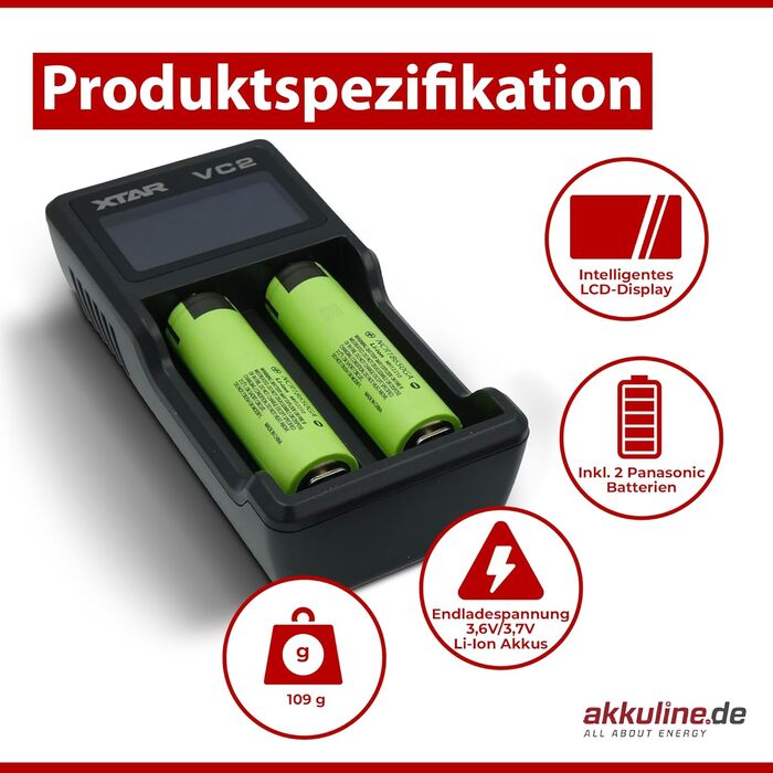 Зарядний пристрій XTAR VC2 з 2 відсіками, включаючи 2 літій-іонні акумулятори (3,45 Аг, живлення від USB - 3,6 В), елементи з піднятим позитивним виводом, незахищені
