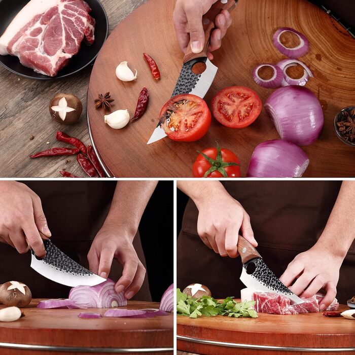 Дюймовий японський ніж зі шкіряним чохлом, кований кухарський ніж кухонний ніж з отвором для пальця дерев'яна ручка, гострий кістк