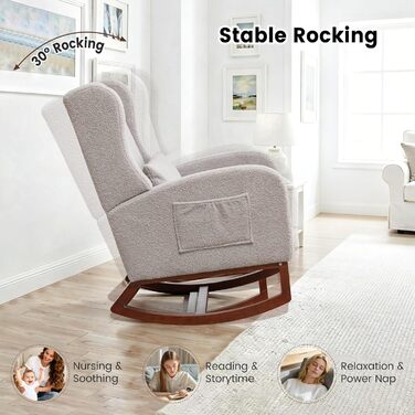 Крісло-гойдалка з підставкою для ніг, крісло-гойдалка, м&39яке крісло для годування з дерев&39яними ніжками та боковими кишенями, крісло для годування з високою спинкою для вітальні, спальні, дитячої кімнати (оксамитовий світло-сірий)